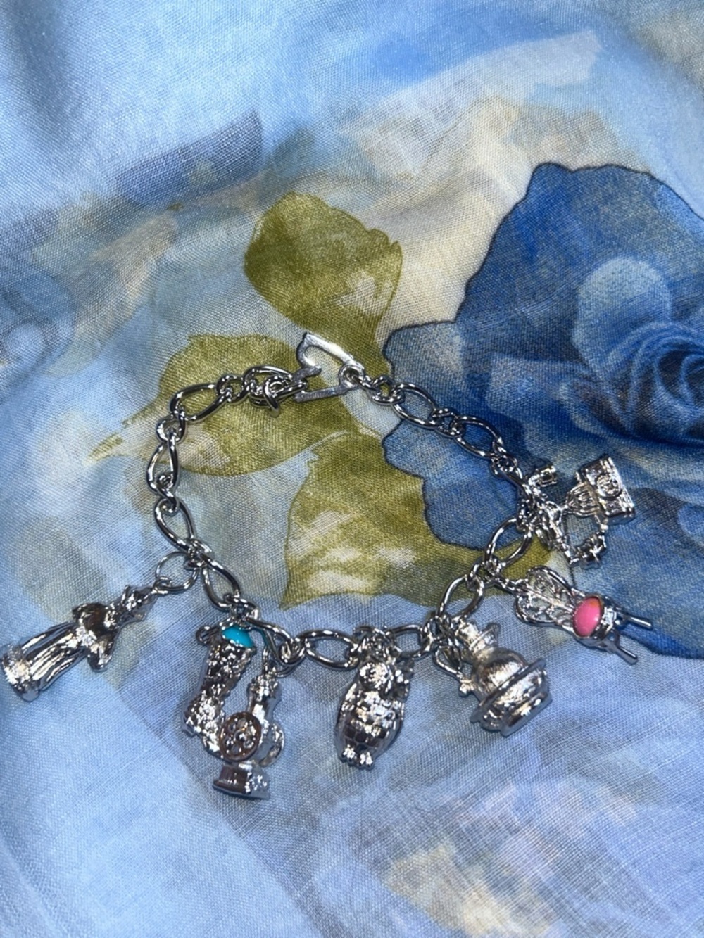 Avon Vintage Silver Tone Charm Bracelet Owl Boot Phone Chair Pitcher